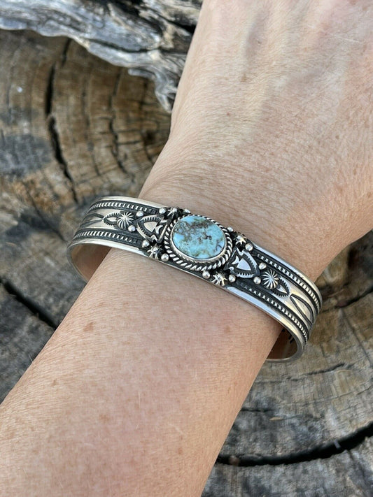 Handcrafted Golden Hills Turquoise Sterling Silver Bracelet Cuff By Artist Piasso