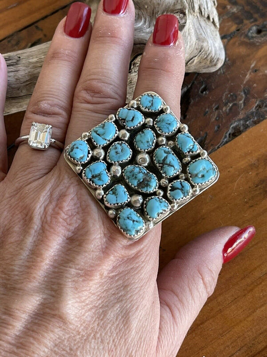 Handcrafted Sterling Silver Square Platform Kingman Turquoise Wide Band Ring Sz 9