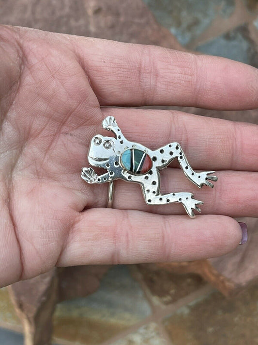 Handcrafted Sterling Silver Multi Stone Leap Frog Pendant Pin Signed