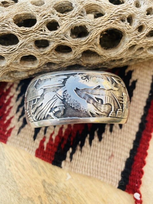 Vintage Handcrafted Sterling Silver Story Teller Cuff Bracelet