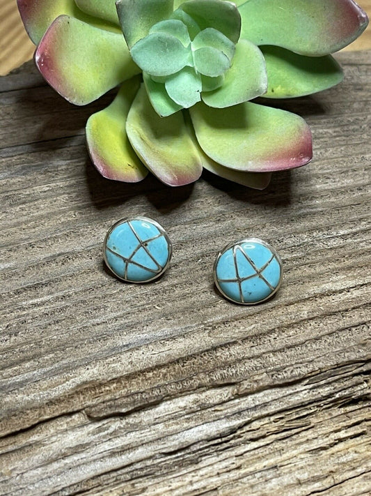 Handcrafted Sterling Silver & Turquoise Inlay Circle Post Earrings Signed K