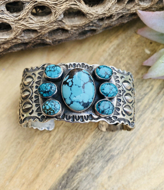 Vintage Handcrafted Turquoise & Sterling Silver Hand Stamped Cuff Bracelet /