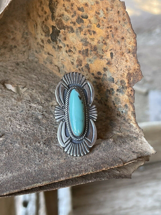 Handcrafted Turquoise & Sterling Silver Handcrafted Deco Ring Size 7.5