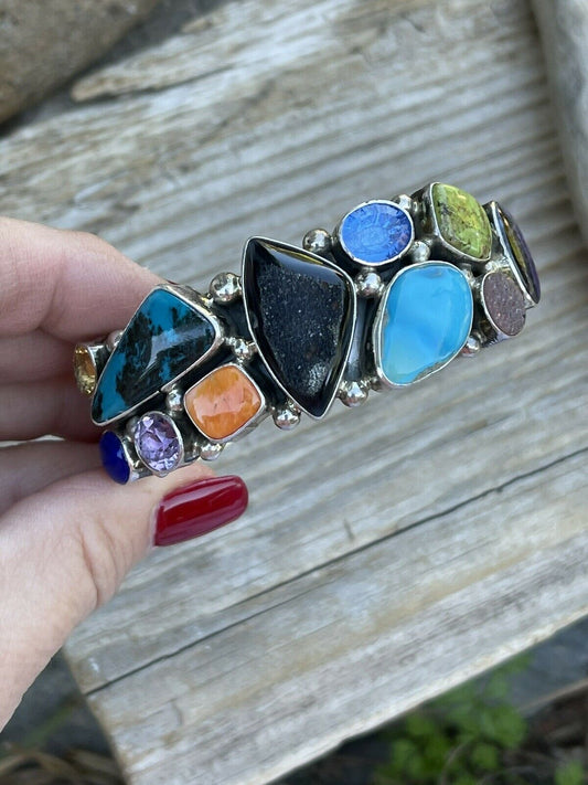 Handcrafted Multi Stone & Gem Sterling Silver Cuff Bracelet Signed