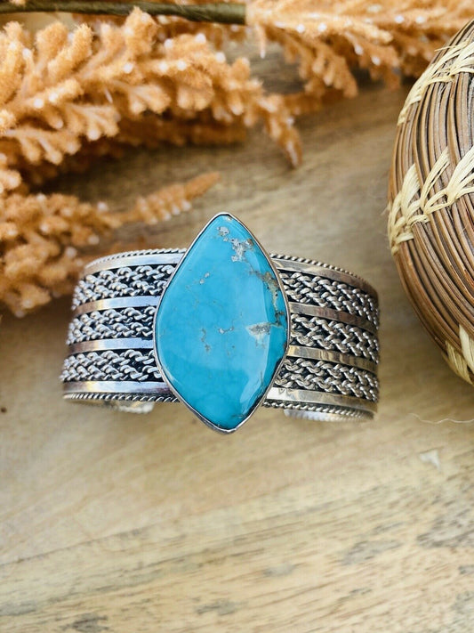Handcrafted & Hand Stamped Sterling Silver & Royston Turquoise Cuff Bracelet Signed