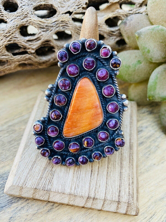 Handcrafted Sterling Silver & Purple & Orange Spiny Cluster Ring Size 7.5