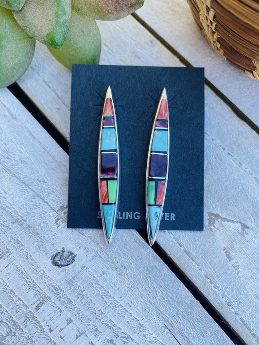 Handcrafted Multi Stone And Sterling Silver Inlay Dangle Earrings