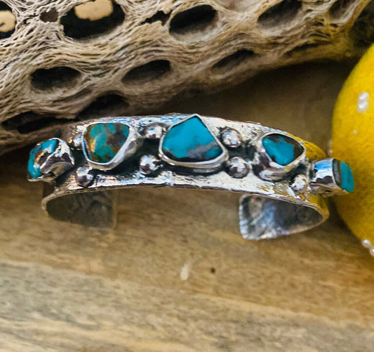Handcrafted Turquoise & Sterling Silver Cuff Bracelet Signed NF