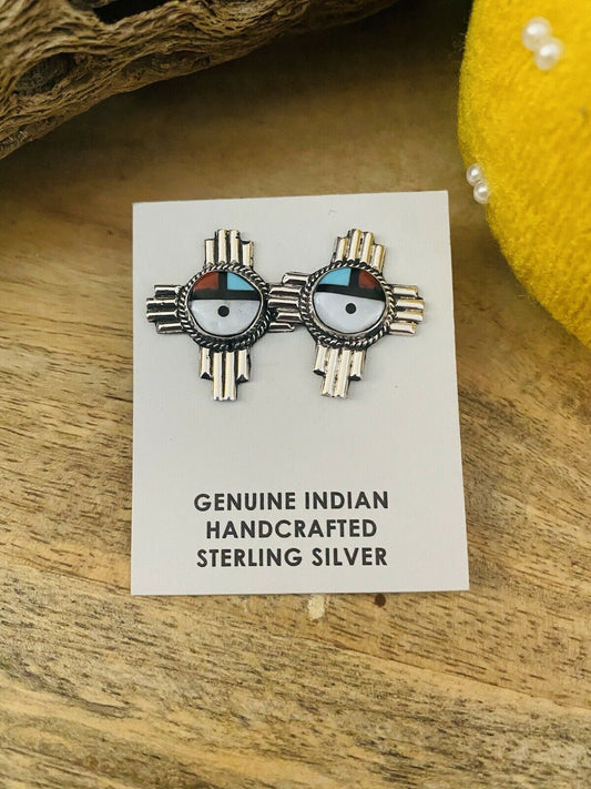 Handcrafted Sun Face Multi Stone And Sterling Cross Stud Earrings