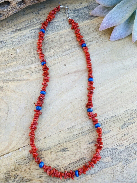 Handcrafted Apple Coral & Lapis Beaded Necklace 16"
