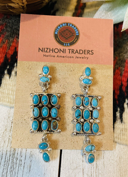 Handcrafted Turquoise & Sterling Silver Cluster Dangle Earrings Signed