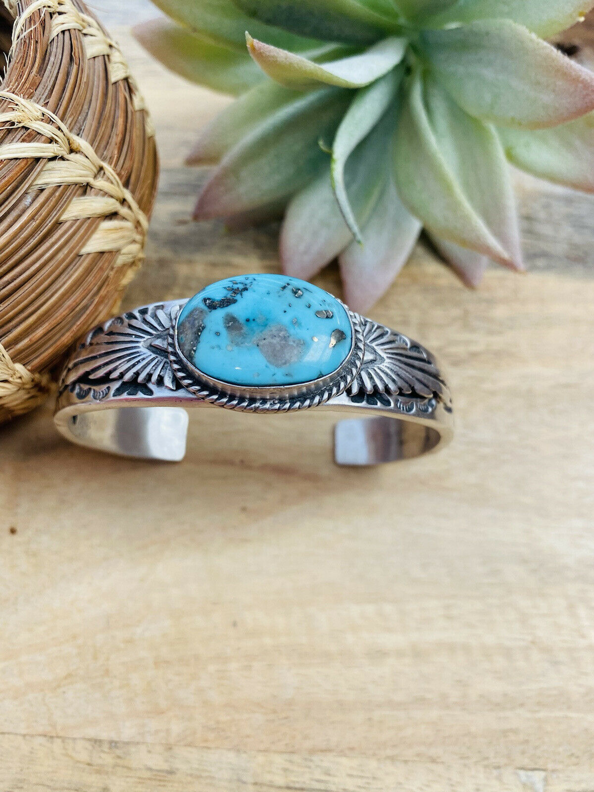 Navajo Sterling Silver & Royston Turquoise Cuff Bracelet Signed