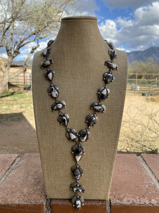 Handcrafted White Buffalo & Sterling Lariat Necklace Set Signed