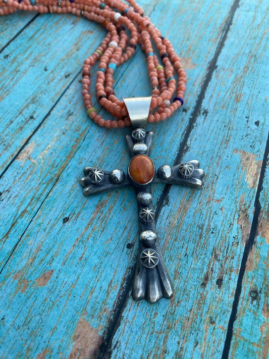 Handcrafted Sterling Silver & Orange Spiny Shell  Cross Pendant Chimney Butte