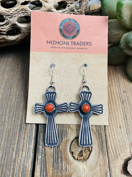 Handcrafted Coral & Sterling Silver Cross Dangle Earrings By Kevin Billah