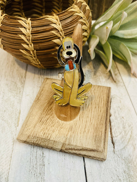 Handcrafted Sterling Silver & Multi Stone Dog Inlay Adjustable Ring by Don Dewa