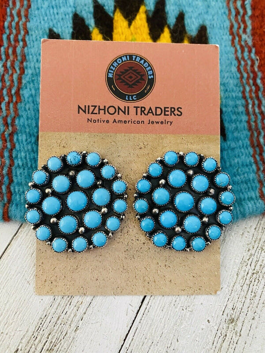 Handcrafted Sleeping Beauty Turquoise & Sterling Silver Cluster Stud Earrings Signed