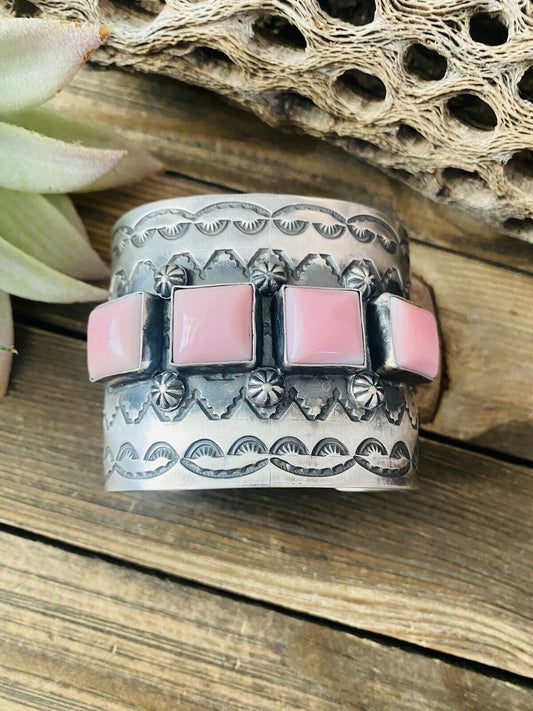 Navajo Queen Pink Conch Shell & Sterling Silver Cuff Bracelet Signed
