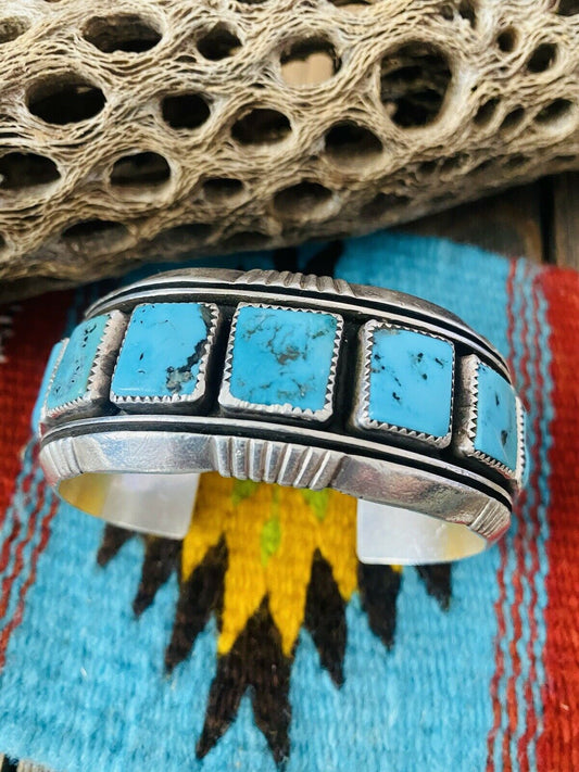 Handcrafted Kingman Turquoise, Coral & Sterling Silver Cuff Bracelet Signed /
