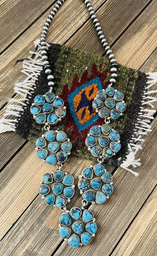Navajo Natural Kingman & Sterling Silver Cluster Necklace