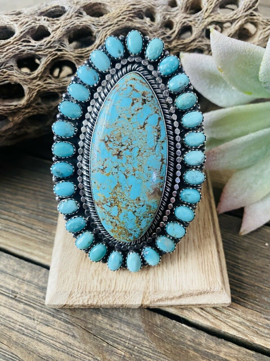 Handcrafted Number 8 Turquoise & Sterling Silver Statement Ring Size 10 Signed
