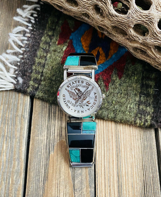 Handcrafted Old Pawn Vintage Onyx, Malachite, Opal & Sterling Silver Inlay Watch