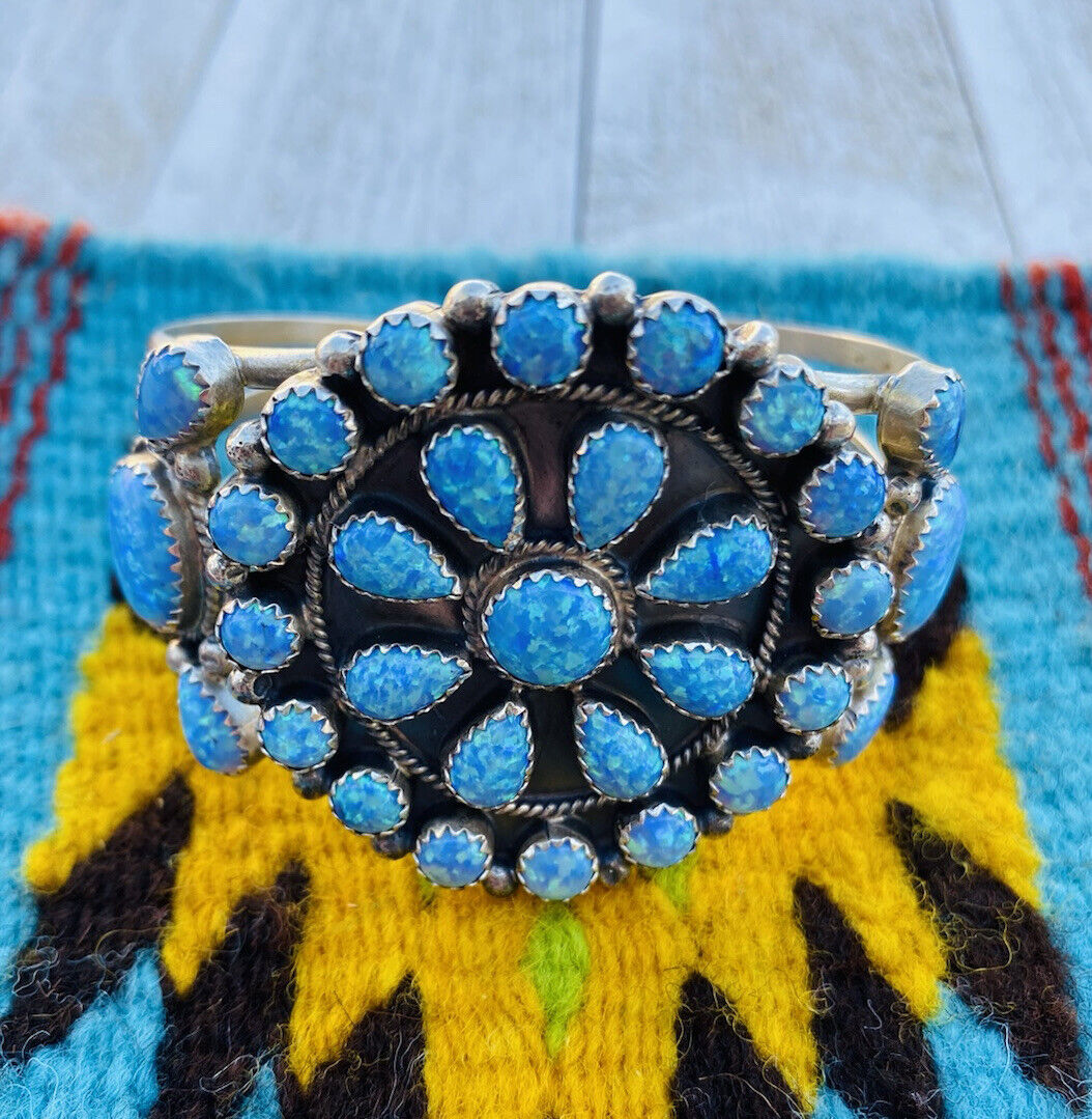 Navajo Blue Opal & Sterling Silver Cluster Bracelet Cuff