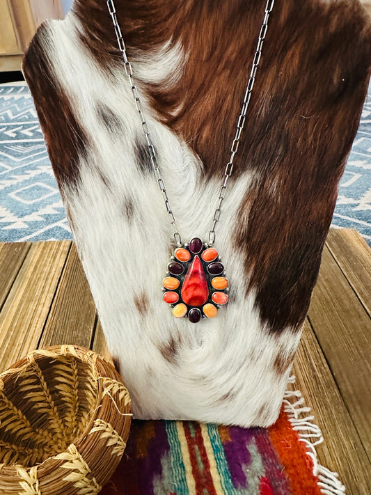 Handcrafted Multicolor Spiny Oyster & Sterling Silver Cluster Necklace by Sheila Becenti
