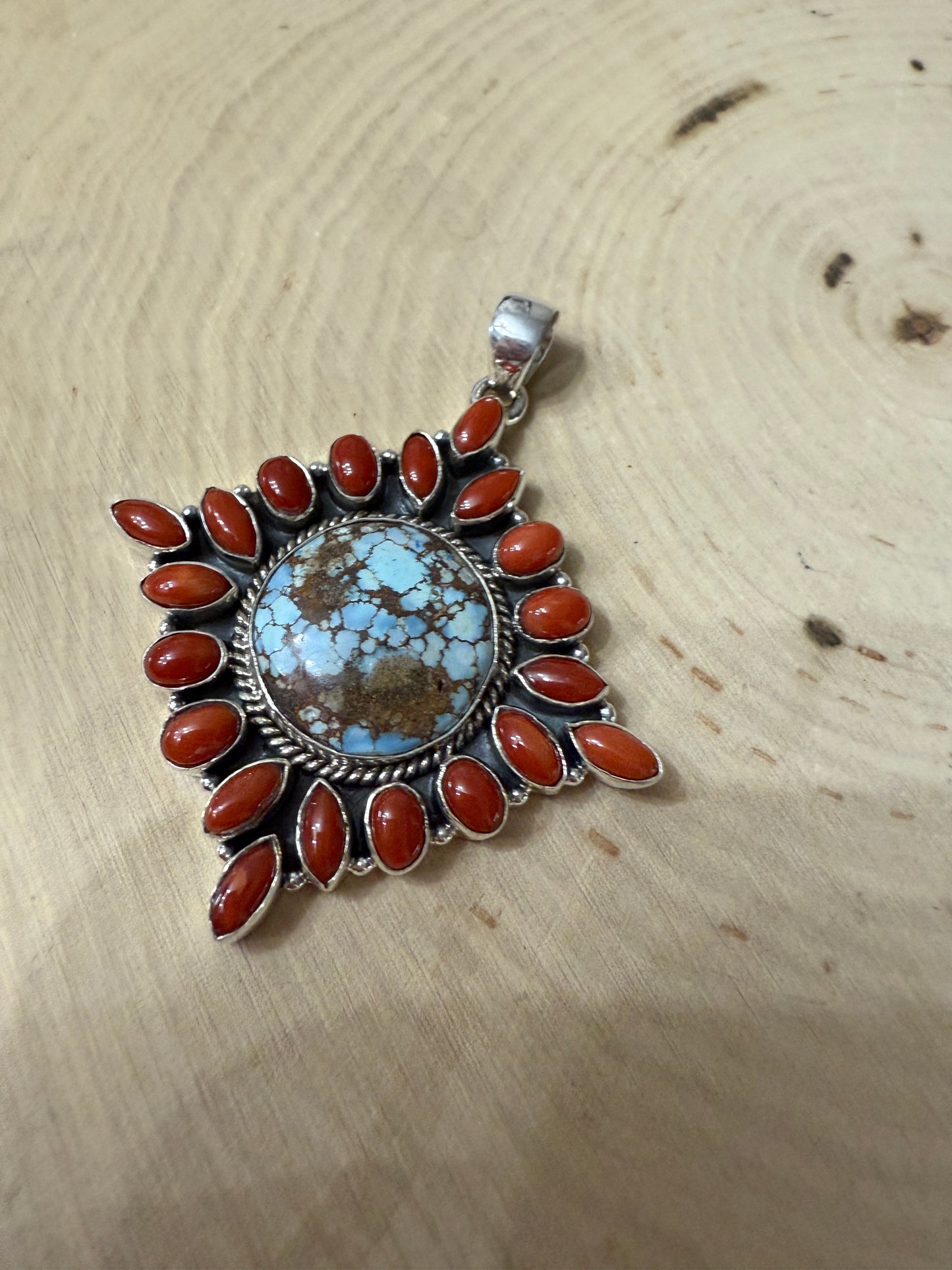 Handmade Sterling Silver, Coral & Golden Hills Turquoise Cluster Pendant