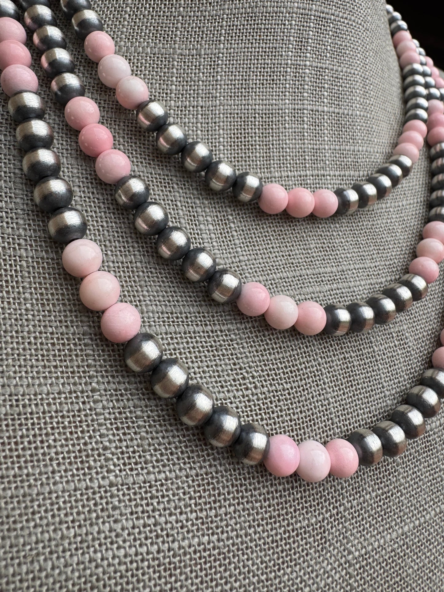 Handcrafted  Sterling Silver Pearl & Queen Pink Conch Beaded Necklace 6mm