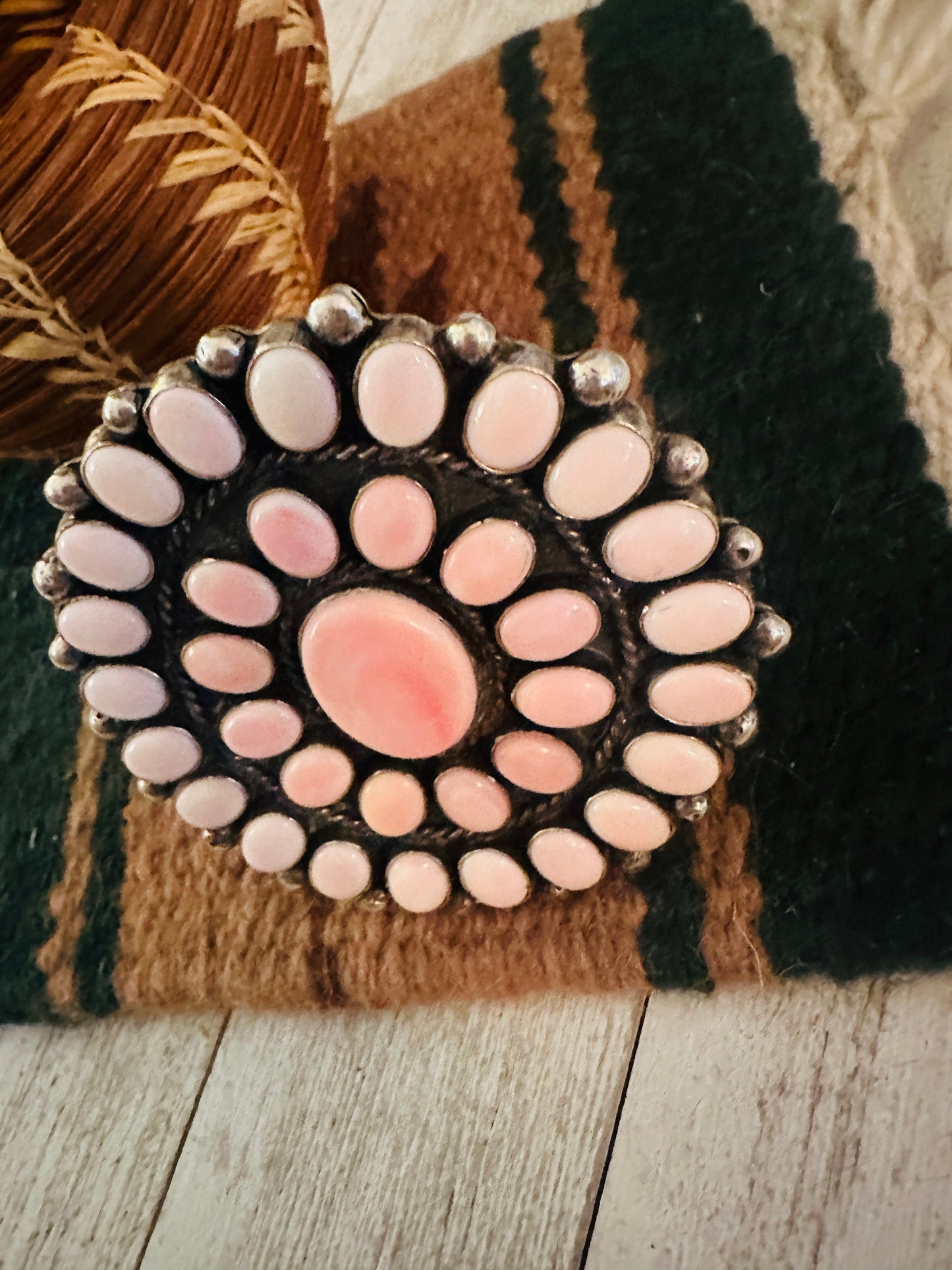 Handcrafted Queen Pink Conch Shell & Sterling Silver Cluster Cuff Bracelet