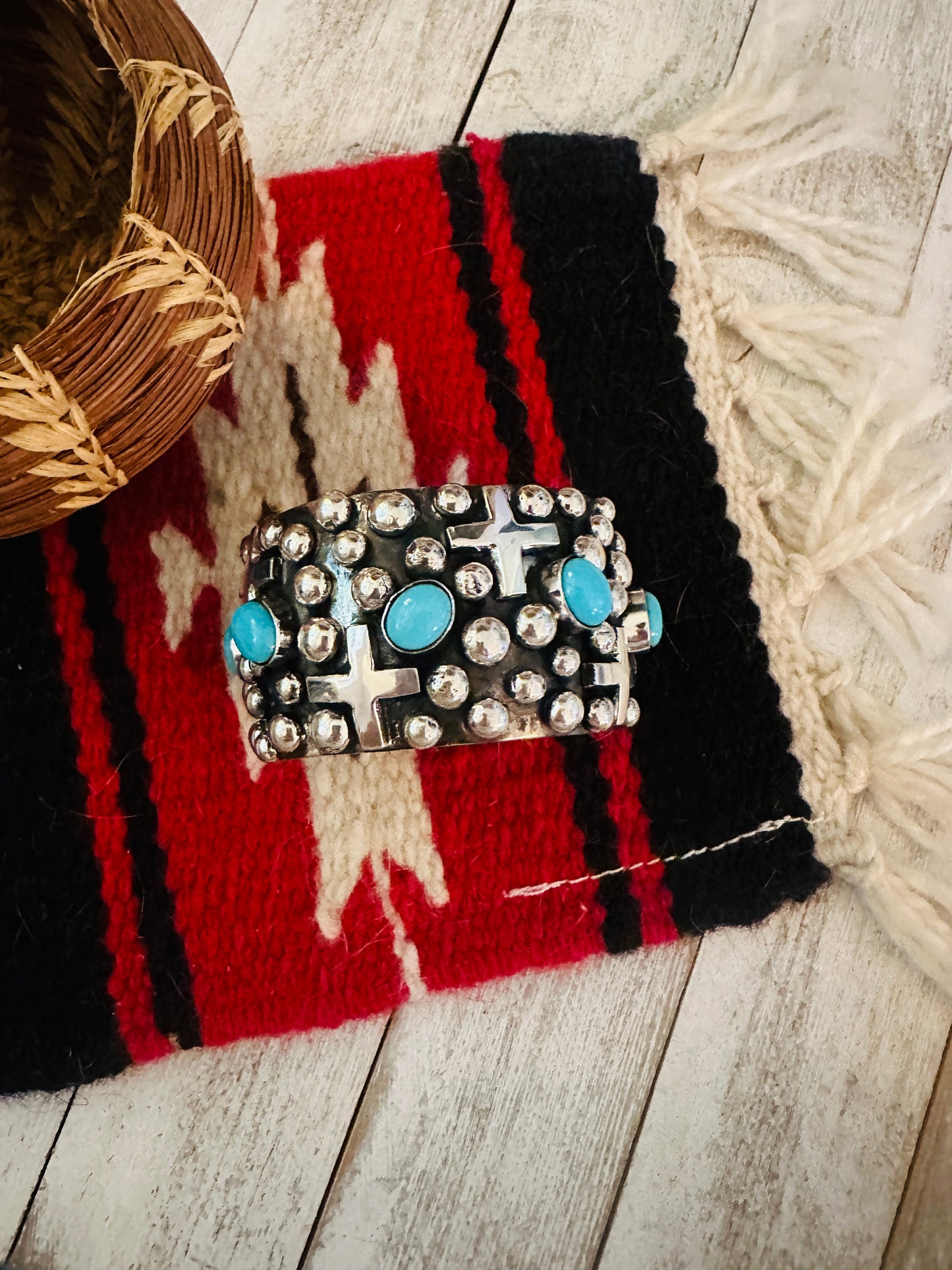 Handcrafted Turquoise & Sterling Silver Cross Cuff Bracelet By Chimney Butte /