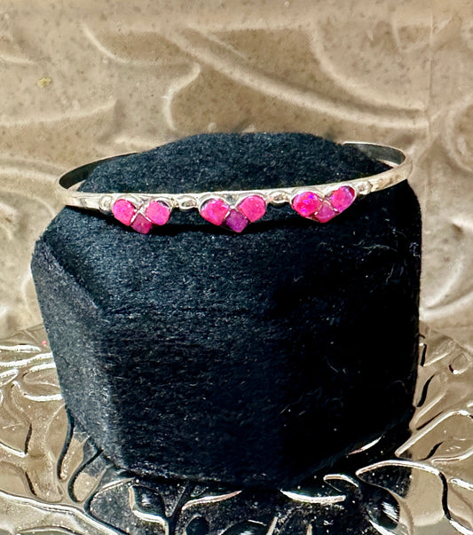 Handcrafted Sterling Silver Opal Three Hot Pink Hearts Baby Cuff Bracelet