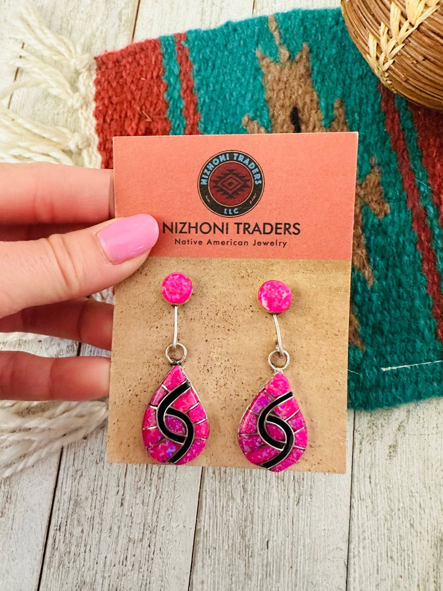 Handcrafted Pink Opal, Onyx & Sterling Silver Inlay Dangle Earrings