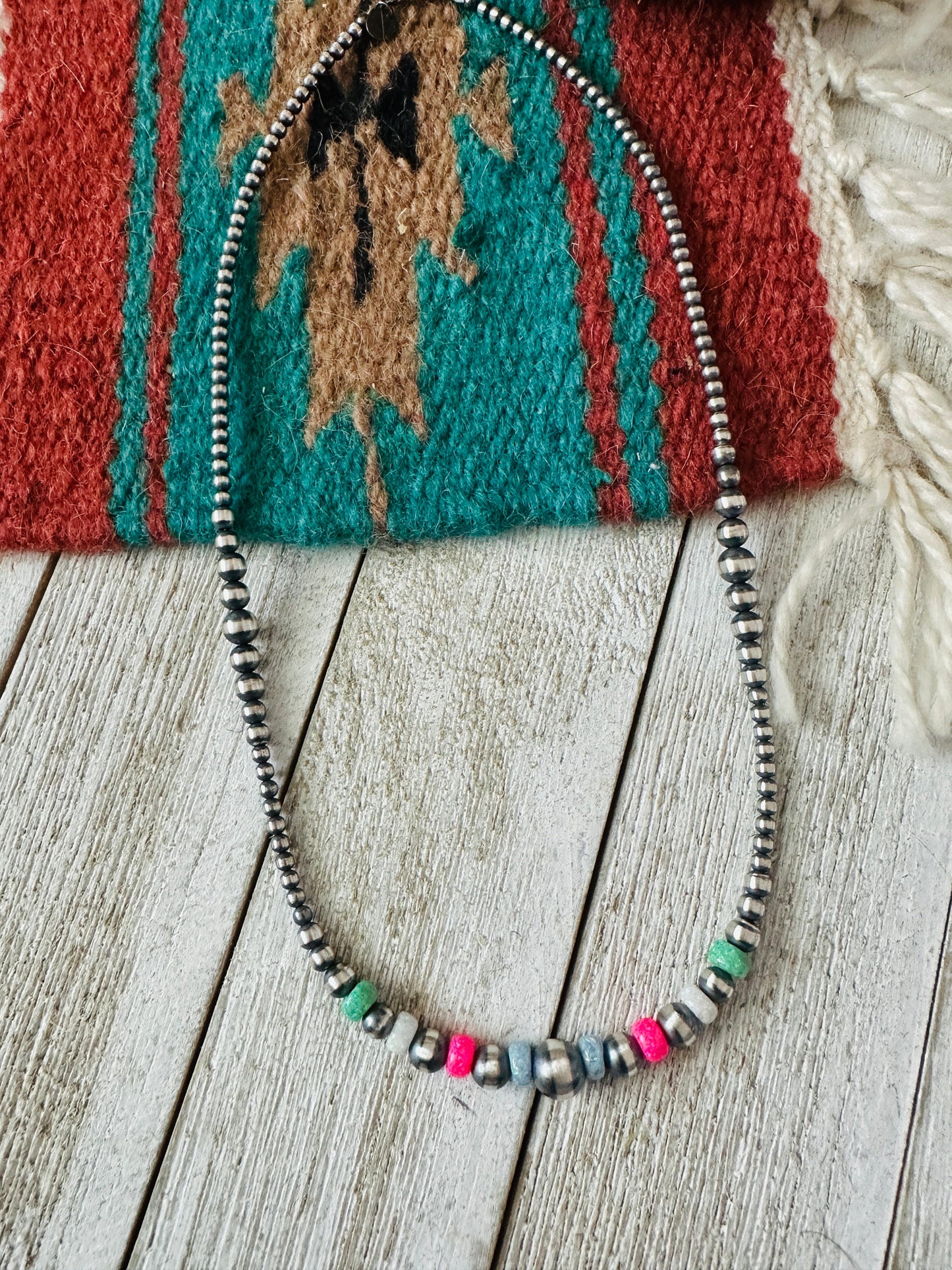 Handcrafted Sherbet Opal & Sterling Silver Beaded Necklace 18”