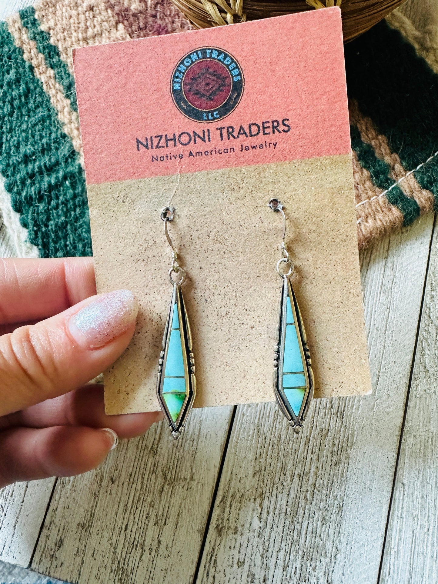 Handcrafted Sonoran Mountain Turquoise And Sterling Silver Inlay Dangle Earrings