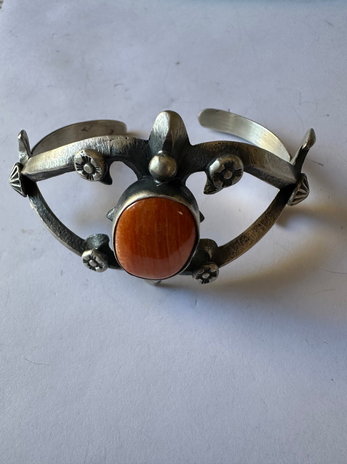 Handcrafted Single Stone Orange Spiny & Sterling Silver Cuff Bracelet by Chimney Butte