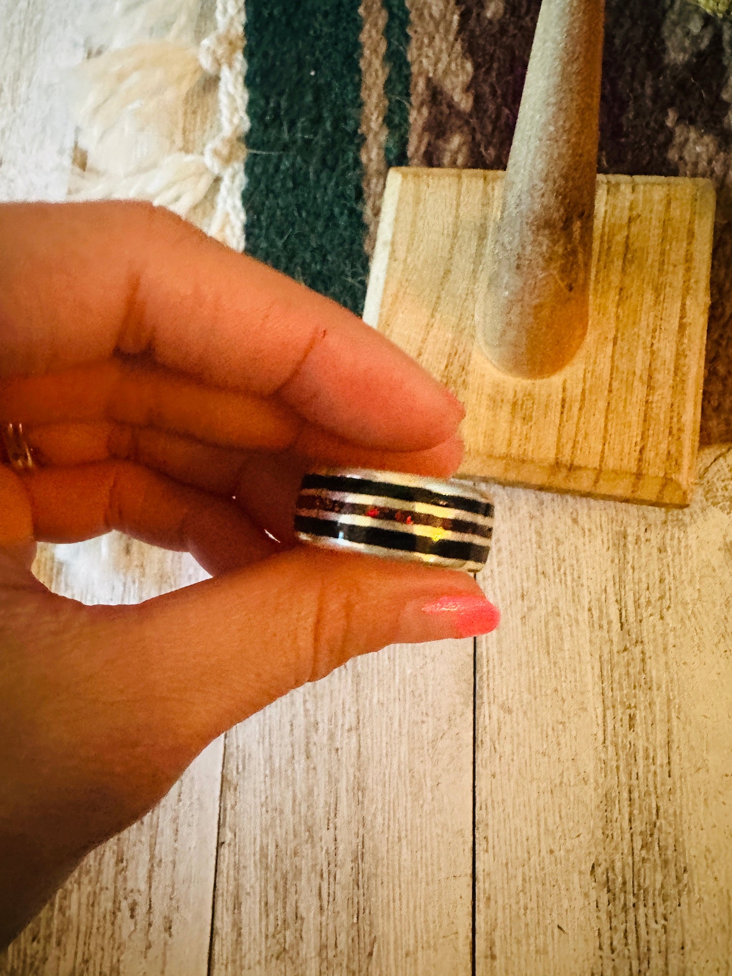 Handcrafted Sterling Silver, Onyx & Red Fire Opal Inlay Band Ring Size 10