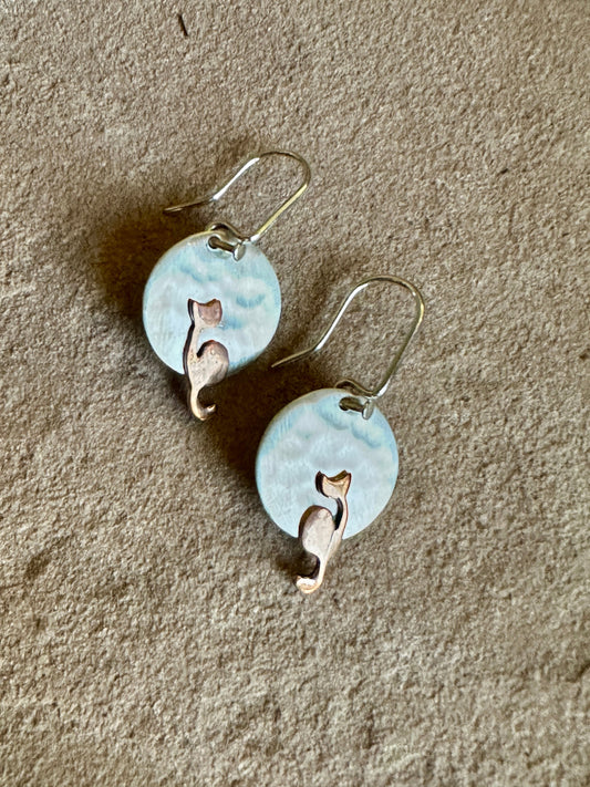 Copper Cat on Hammered Disc Sterling Silver Earrings