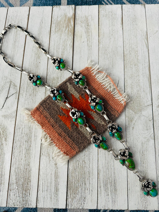 Handcrafted Sterling Silver & Sonoran Gold Turquoise Flower Necklace by Chris Etsitty