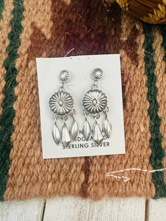 Handcrafted Hand Stamped Sterling Silver Concho Tassel Dangle Earrings