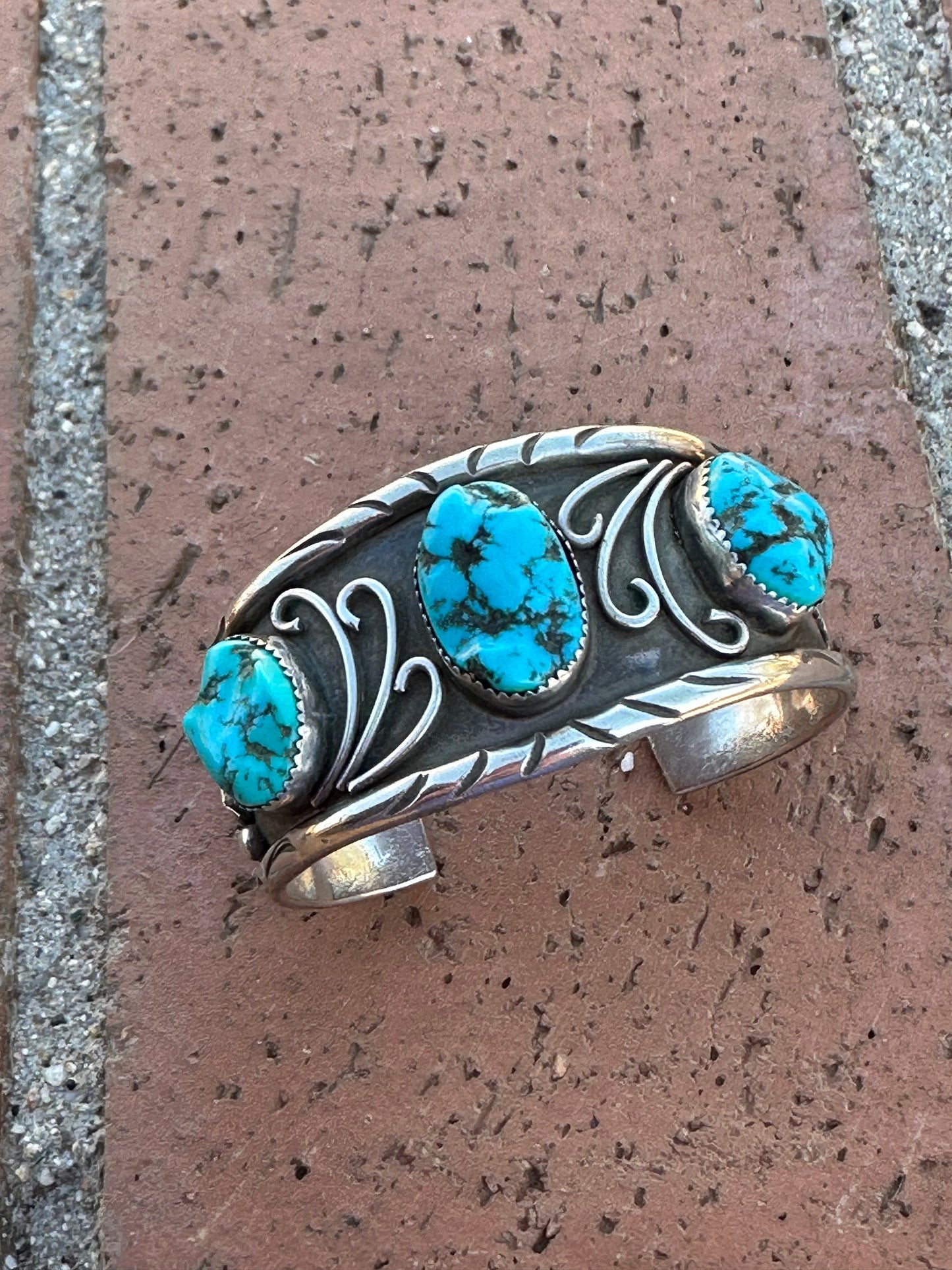 Estate Collection Old Pawn Handcrafted Sterling Silver & Natural Kingman 3 Stone Turquoise Cuff Bracelet /