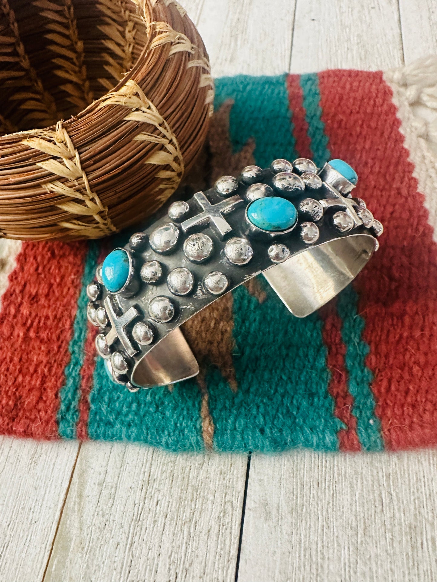 Navajo Turquoise & Sterling Silver Cross Cuff Bracelet By Chimney Butte