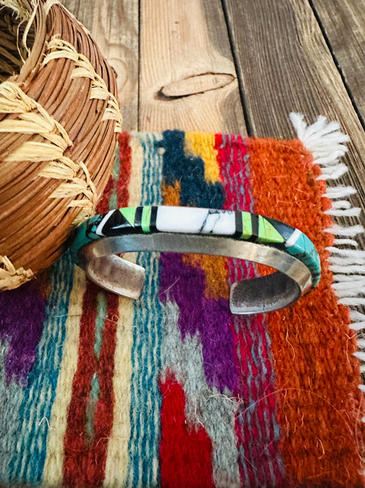 Handcrafted Old Pawn Sterling Silver & Multi Stone Inlay Cuff Bracelet