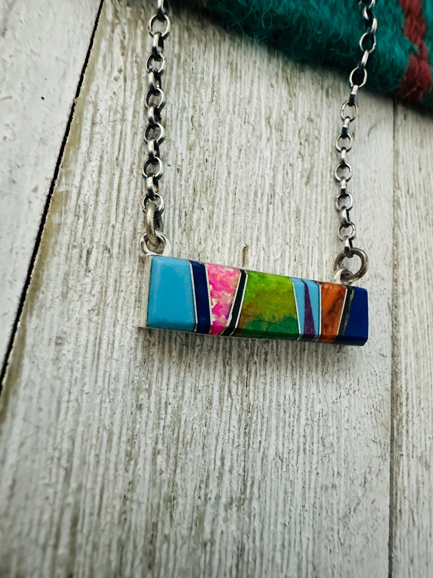 Handcrafted Multi Stone & Sterling Silver Inlay Bar Necklace
