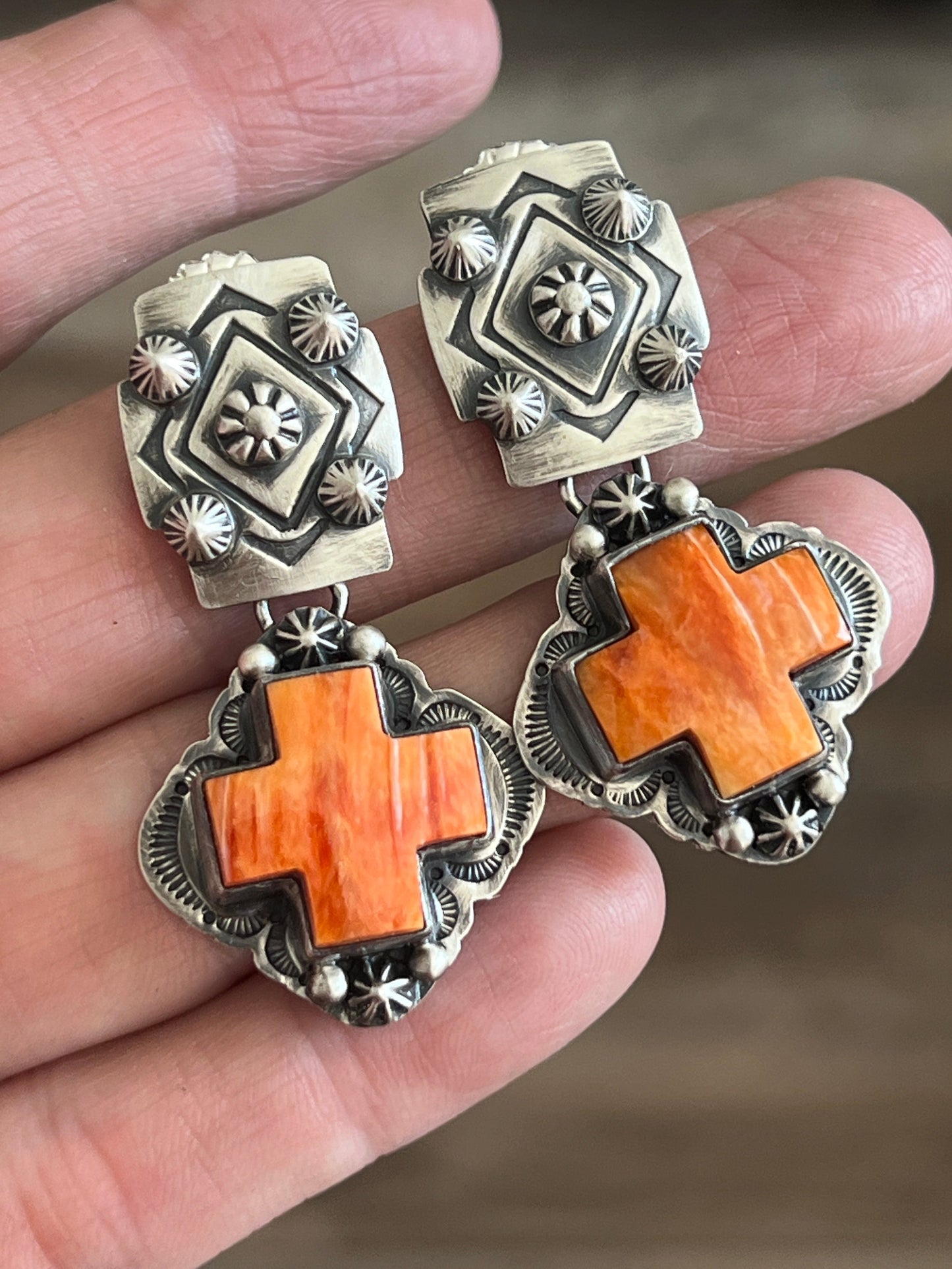 Handcrafted Sterling Silver and Orange Spiny Oyster Shell Santa Fe Cross Earrings by Murphy Platero