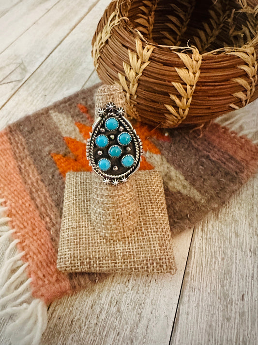 Handcrafted Turquoise & Sterling Silver Cluster Ring Size 5.5