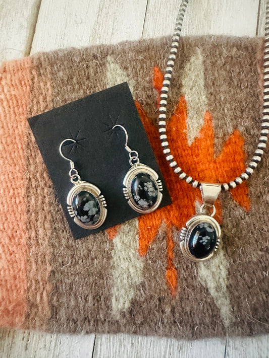 Handcrafted Sterling Silver & Snowflake Obsidian Pendant and Earring Set