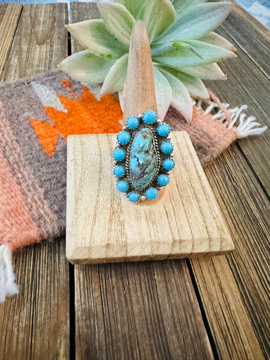 Handcrafted Sterling Silver And Turquoise Cluster Ring Size 9