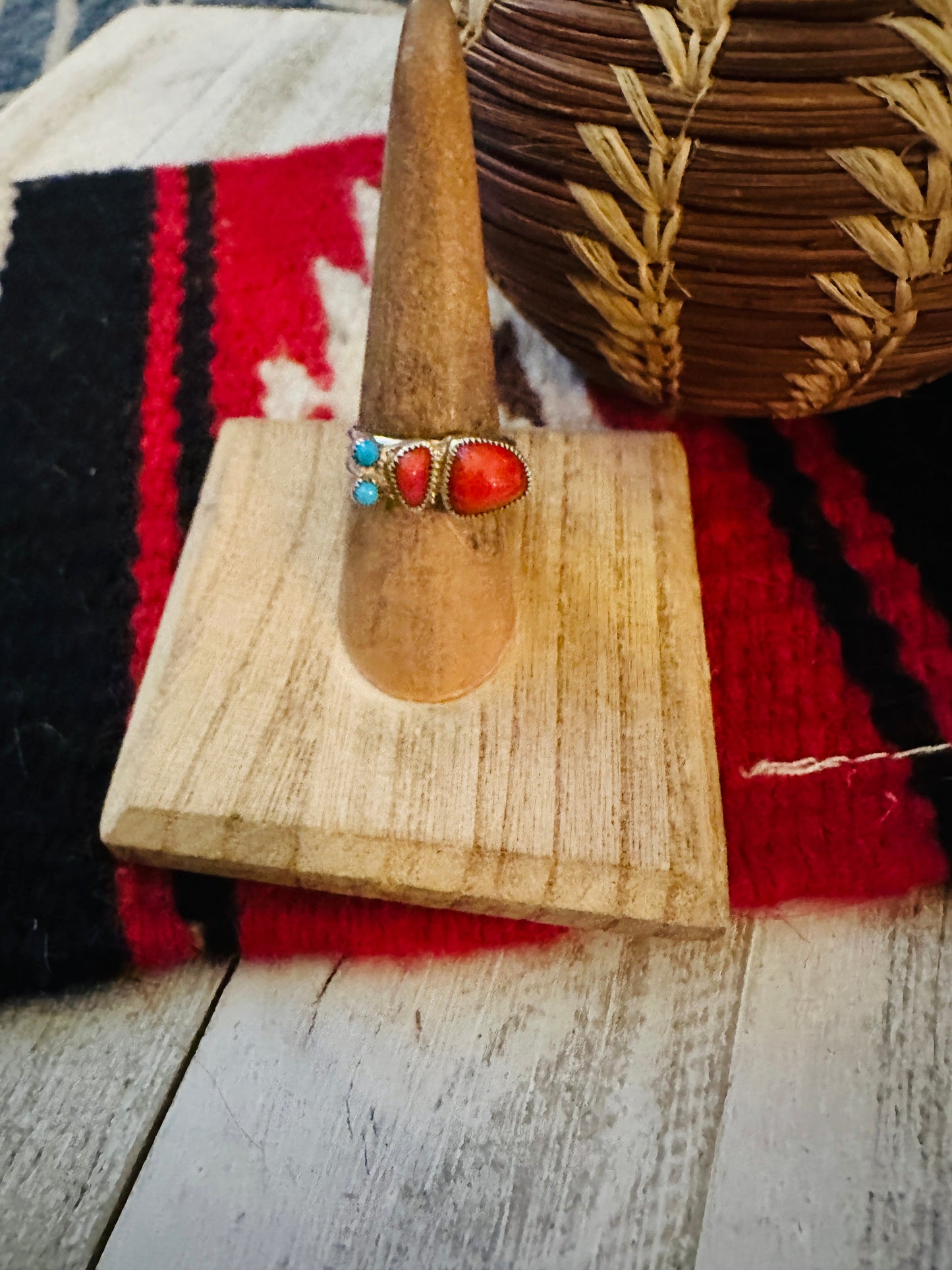 Handcrafted Coral, Turquoise & Sterling Silver Inlay Ring Size 7
